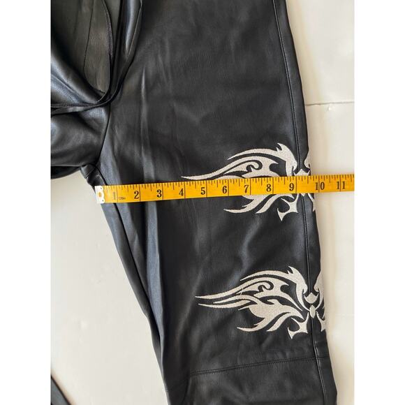 I AM GIA Faux Leather Pants Women 26x32 Black Embroidered Raw Hem Stretch Biker - Picture 8 of 11